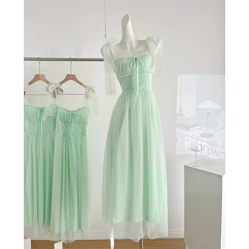 Vestido camisola de malla verde para mujer, vestido largo de tirantes finos para vacaciones en la playa, moda coreana, Vestidos femeninos Harajuku dulces
