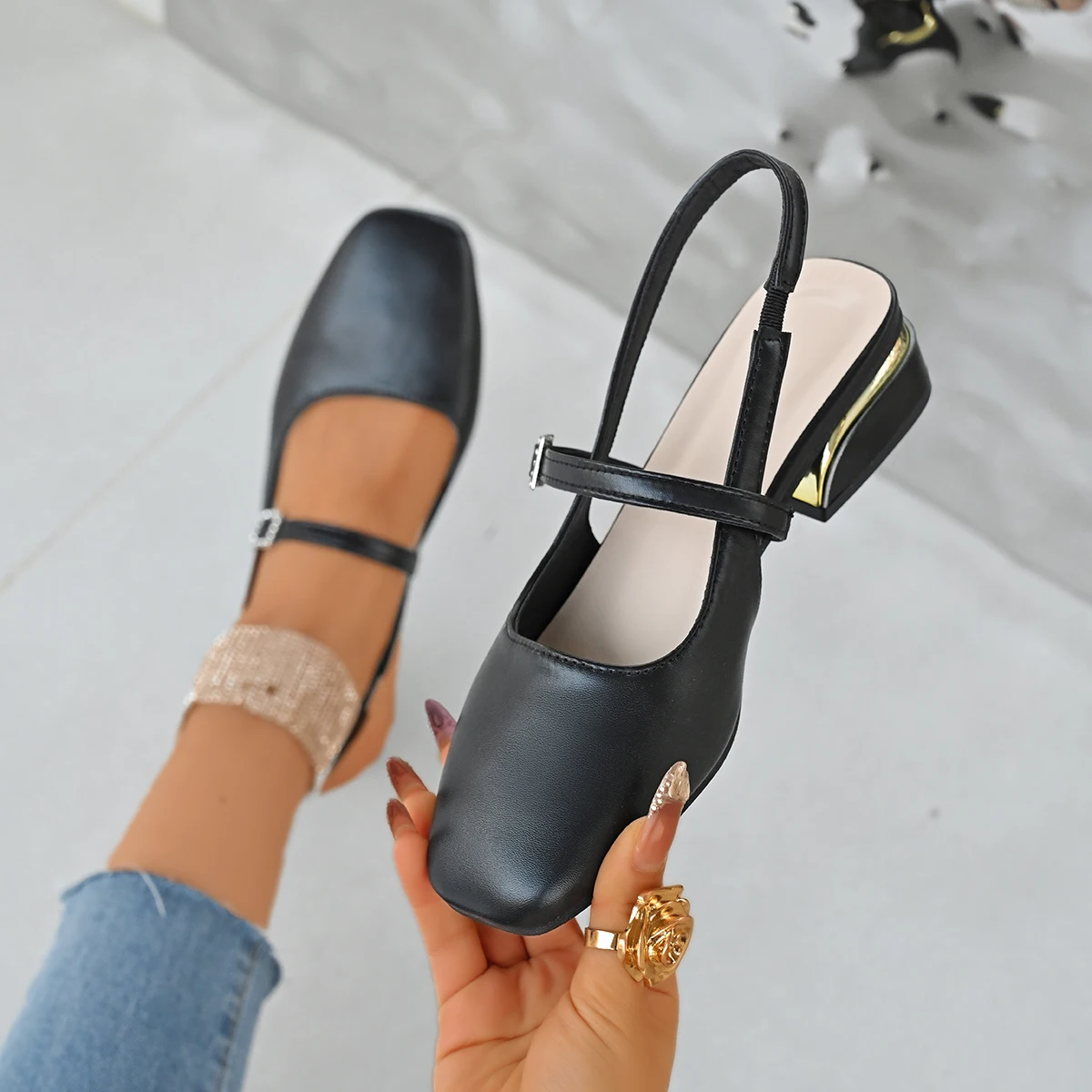 

Luxury Summer Square Toe Women Sandals Fashion Singbacks Mules Shoes Ladies Elegant Low Heel Stripper Party Sandalias