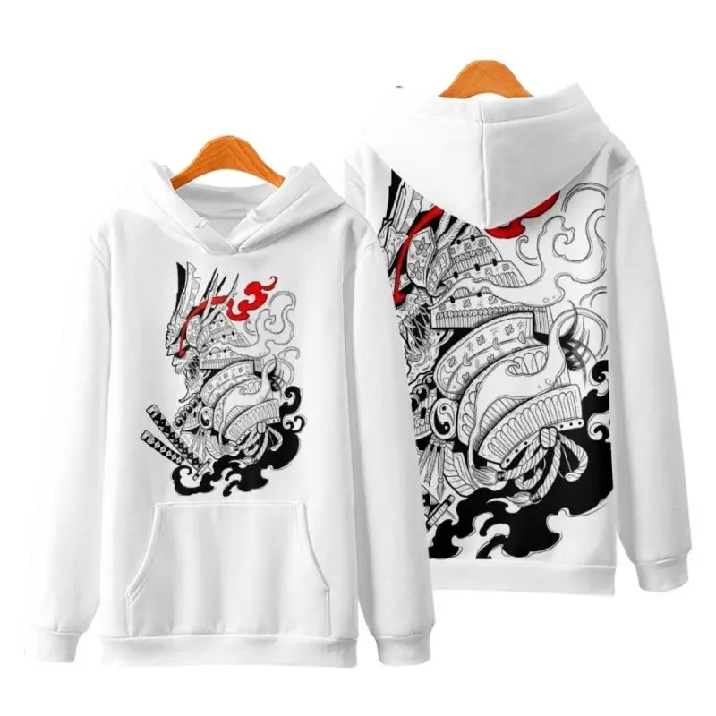 

Japan Cartoon Warrior Printed White Long Sleeve Hoodies Sweatshirt Harajuku Autumn Casual Couple Men Women Pullover Streetwear