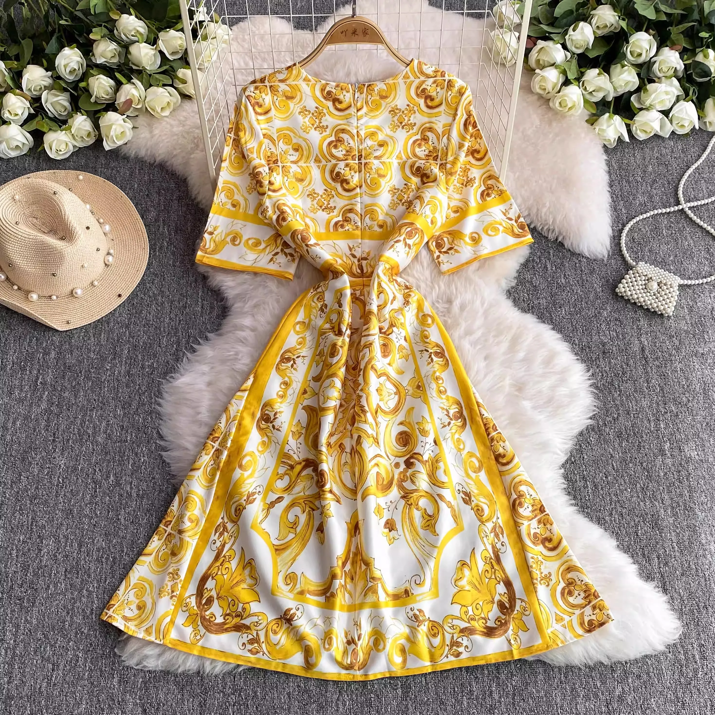 Summer Runway Yellow Blue Red and White Porcelain Midi Dress Women O-Neck Floral Print Slim Holiday Party Vestido Odzież Damska