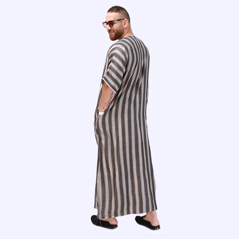 New Muslim Robes Men Jubba Thobe Stripes Short Sleeve Islamic Traditional National Loose Hombre Clothing Dubai Arab Kaftan Abaya