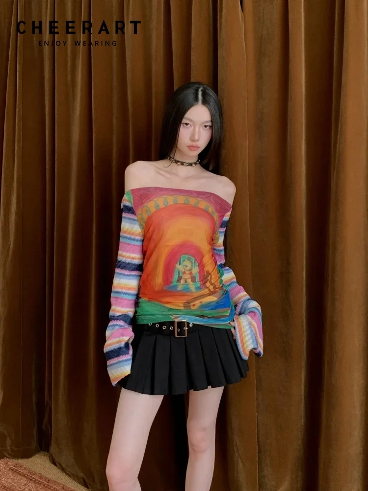 

CHEERART Designer Off Shoulder Funny T Shirt Long Sleeve Tees Halloweeen Flare Sleeve Top Woman 2025 Fashion Autumn Clothes