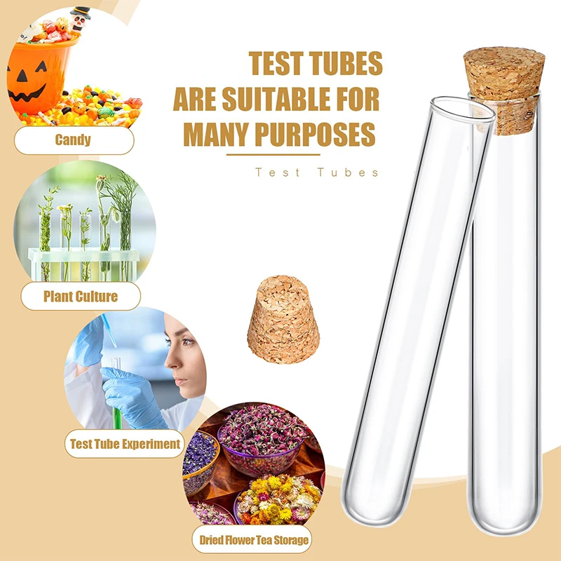 100 Pieces Plastic Test Tubes with Cork Clear Stoppers Round Bottom Container for Plants Scientific Experiments Candy Storage