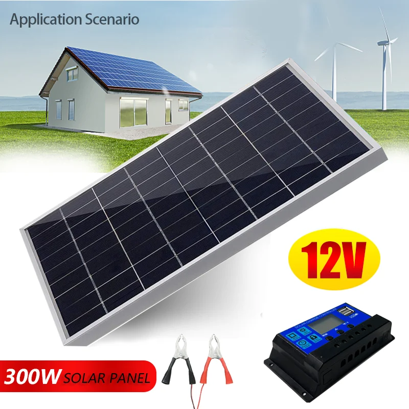 Painel solar Kit completo 12V policristalino USB Power portátil ao ar livre recarregável célula solar gerador solar para casa, 300W