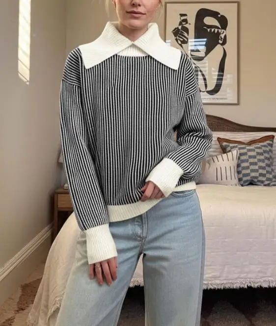 

Women's Sweater 2025 Spring Autumn New Retro Striped Mock Collar Long Sleeve Loose Versatile Casual Daily Pullover Sweater
