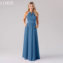 LORIE Elegantes blaues Chiffon-Brautjungfern-Neckholder-A-Linien-Plissee, drapiert, 2025, einfache Hochzeits-Party-Abschlussball-Kleider, bodenlang, individuell gestaltet