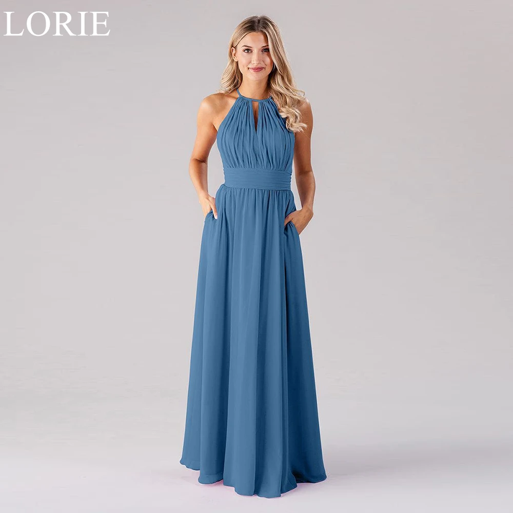 LORIE Elegant Blue Chiffon Bridesmaid Halter A-Line Pleated Draped 2025 Simple Wedding Party Prom Gowns Floor Length Customized