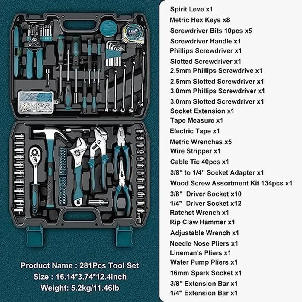 Imagem -02 - Conjunto Completo de Ferramentas Manuais para Homens e Mulheres Kit Doméstico e Automático Melhoria Home Ideal Chave de Soquete e Martelo 281 Pcs