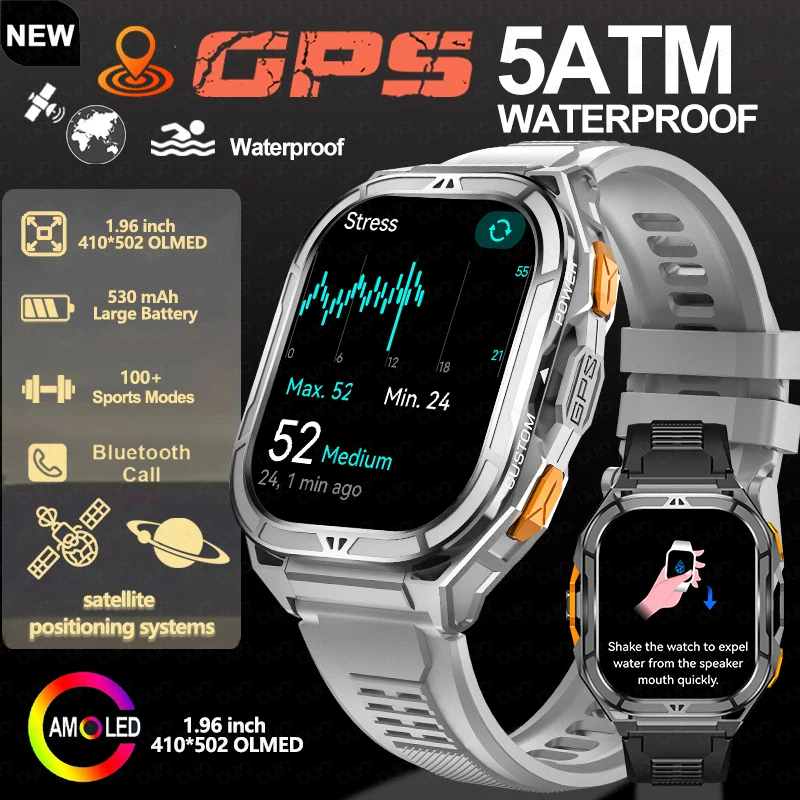 

2025 Original GPS Smart Watch 530 mAh Battery HD AMOLED Display Built-in GPS BT Call 5ATM Waterproof Men Smart Bracelet