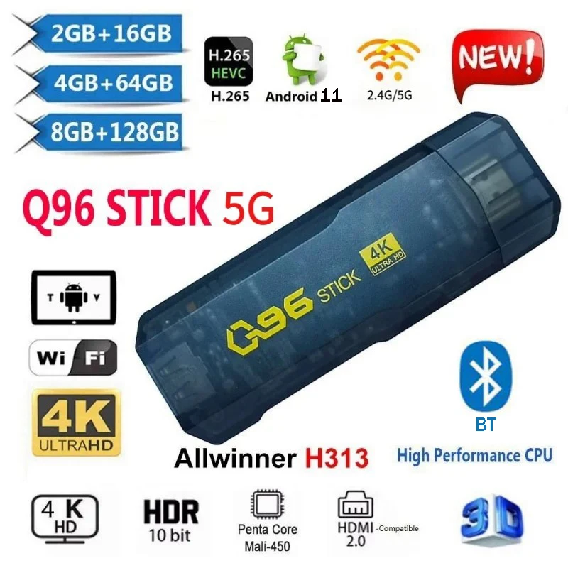 

Q96 TV Stick 5G/4G Media Player Multiple Popular Apps Android 11 H313 4K HD BT Samrt TV BOX Free IPTV