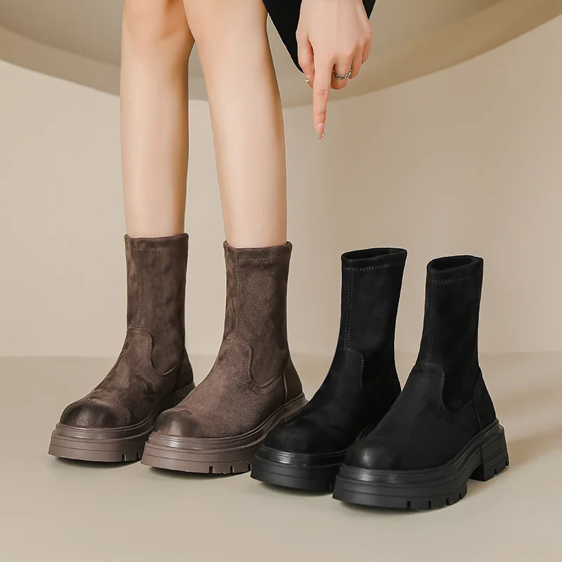 

Coloring Women's Short Boots Autumn Winter Retro Elastic Women's Chelsea Boots Outdoor Fashionable Thick Soled Suede Snow Boots