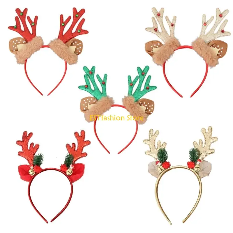 Y5GC Christmas Reindeer Antlers Hairband With Bells Lightweight Hair Accessory For Adults Kids Holiday Party