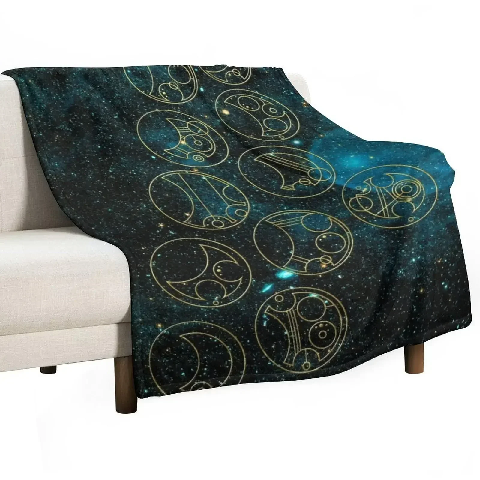 Time Lord Words in Gold on Teal Stellar Background Throw Blanket Decoratives decorative Blankets