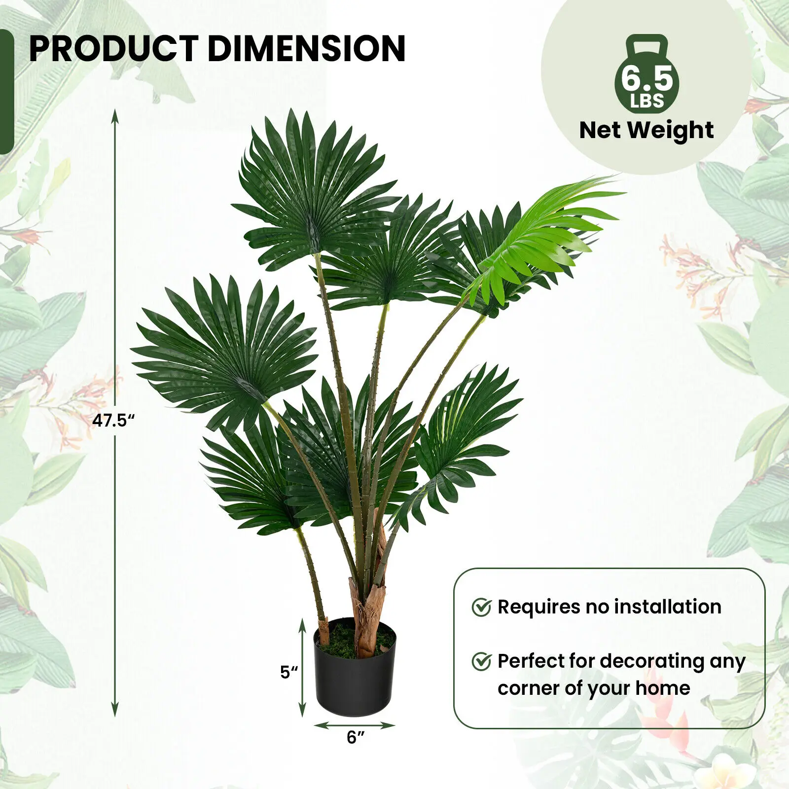 Costway 4FT Artificial Tree Artificial Fan Palm Tree Fake Palm Plant for Indoor Outdoor