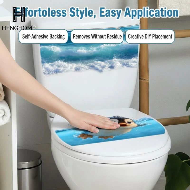 Cute Swimming Penguin Ocean Wave Toilet Lid & Tank Self Adhesive Sticker Waterproof Bathroom Decor Decal