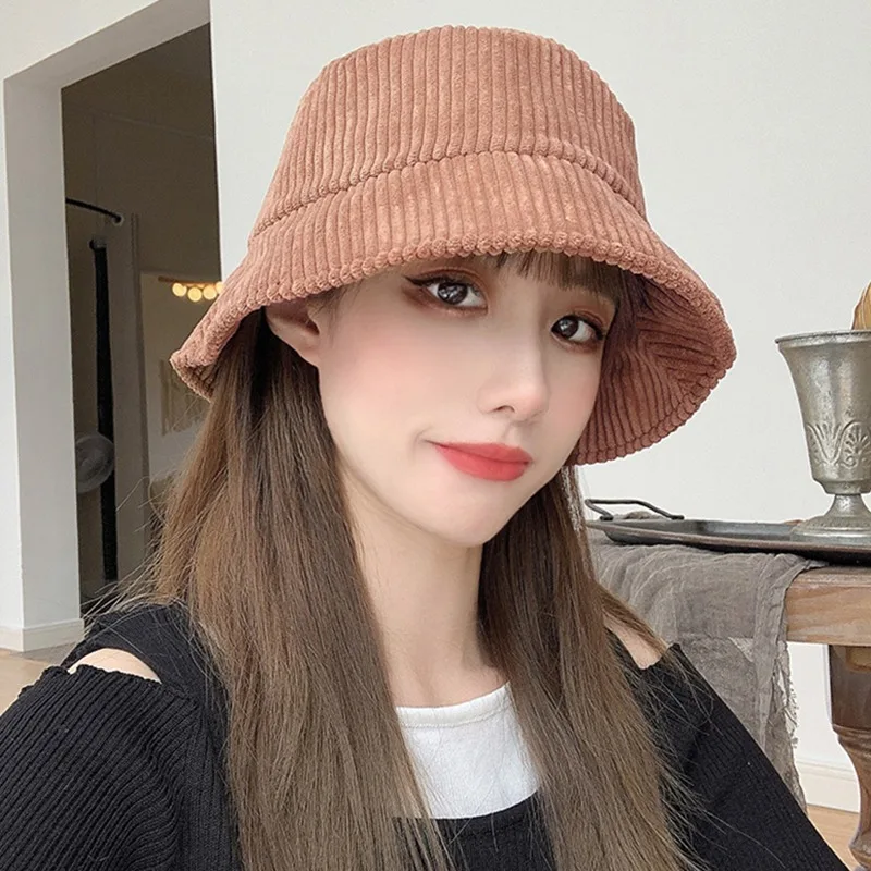 Cotton Striped Fisherman Cap Bucket Hat Women Winter Autumn Solid Color  Outdoor Simple Korean Casual Sunshade Women Hat New