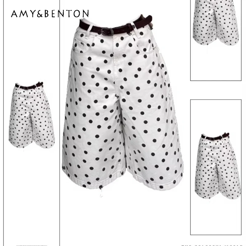 

American Retro Design White Polka Dot Women's Jeans 2026 Summer New Fashion Trend Versatile Wide-leg Loose Casual Capris Ladies