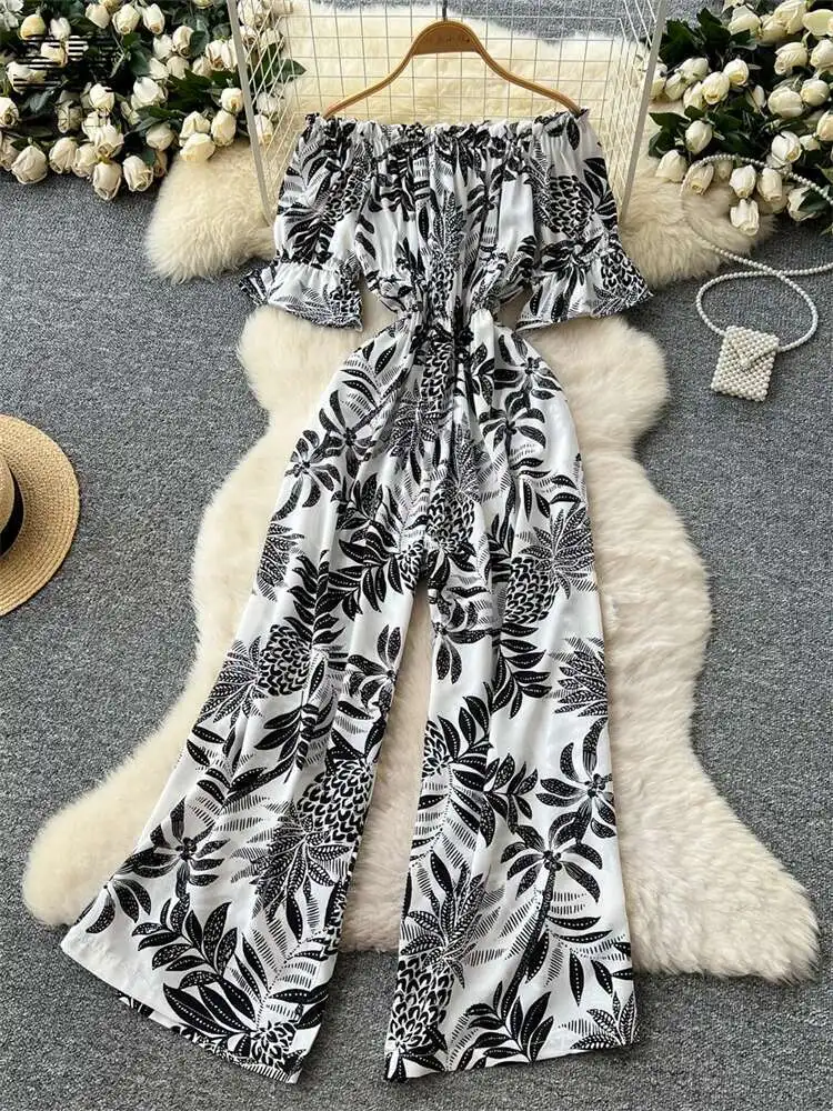 

Комбинезоны BabYoung с открытыми плечами и принтом, 2021, женская летняя уличная одежда, эластичный дизайн, модные повседневные комбинезоны с широкими штанинами для отпуска