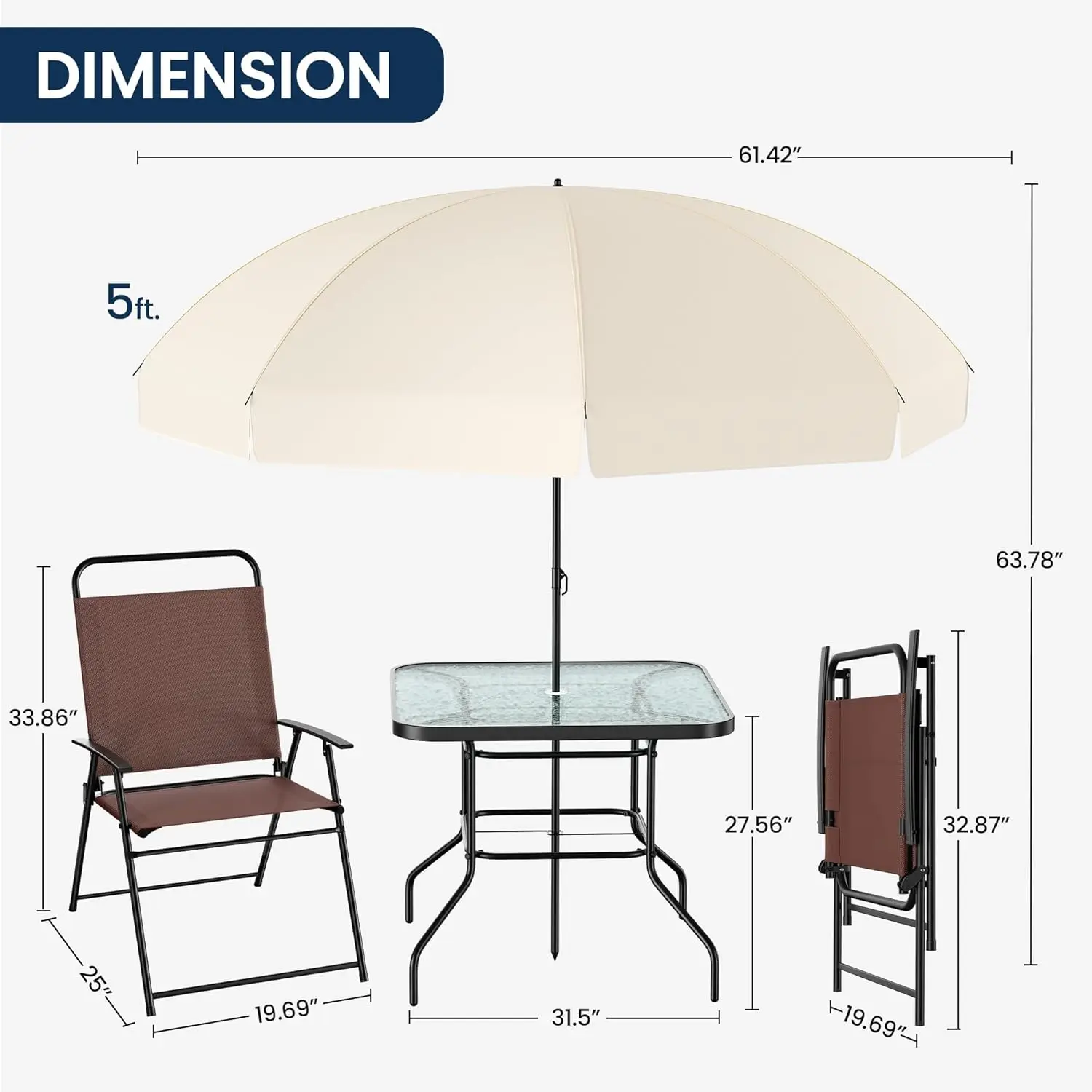 Amopatio 4-person terrace dining set, outdoor tables and chairs with umbrellas, 4 folding dining chairs and glass tables,