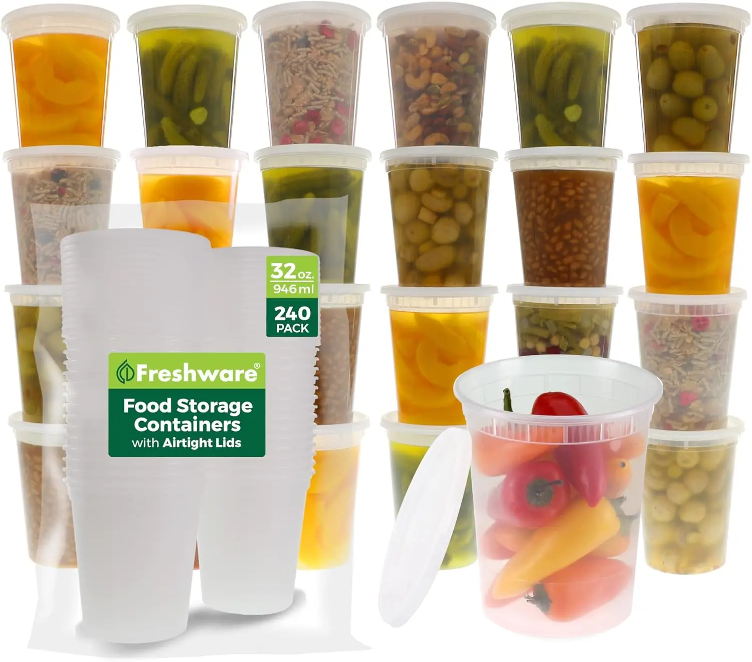 

240-Piece 32 oz Plastic Food Containers with Lids, Leakproof, Microwave/Dishwasher/Freezer Safe, BPA Free