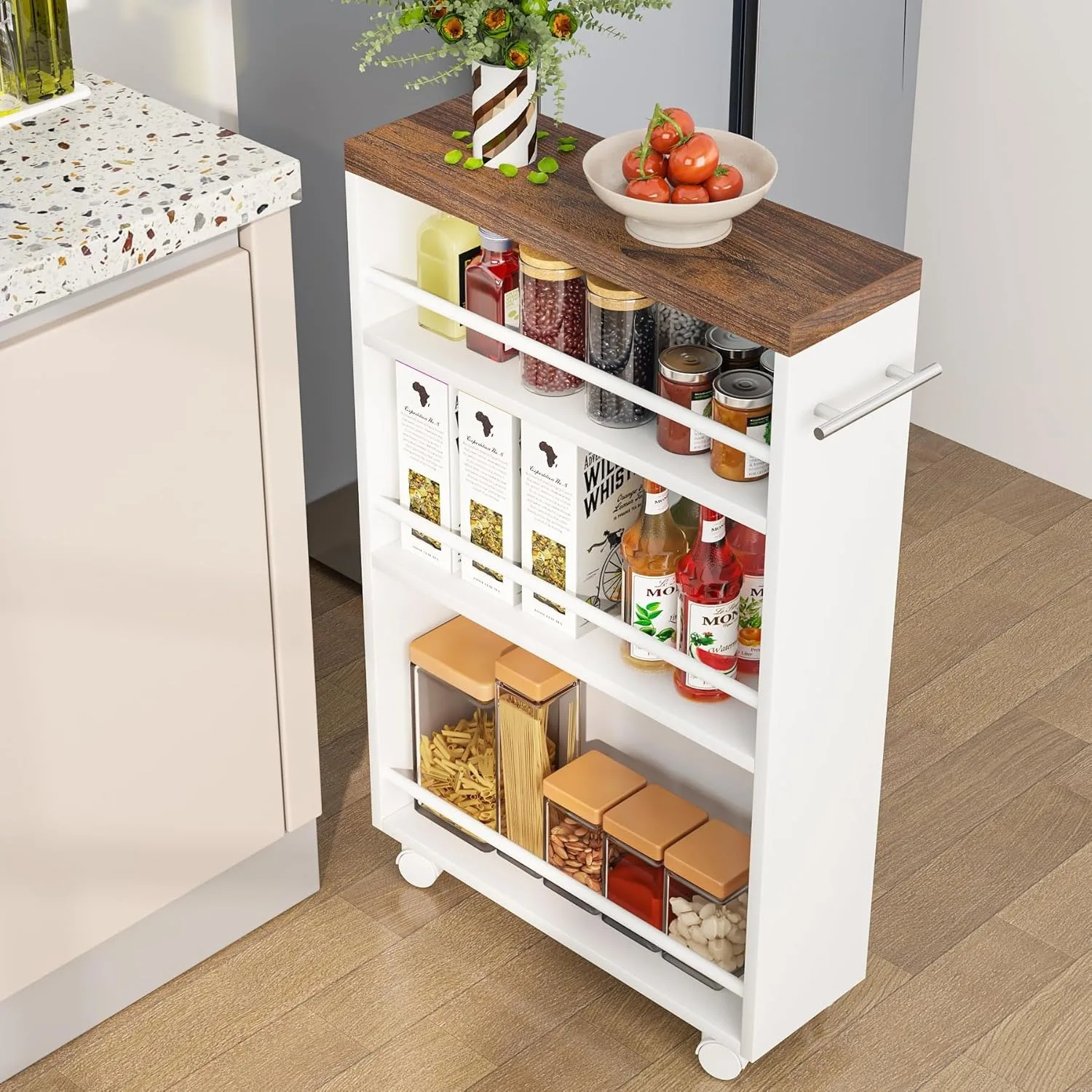 Rolling Narrow Kitchen Cart on Wheels, 4-Tier Slide Out Slim Utility Cart Skinny Laundry Cart with Handle for Kitchen, Laundry