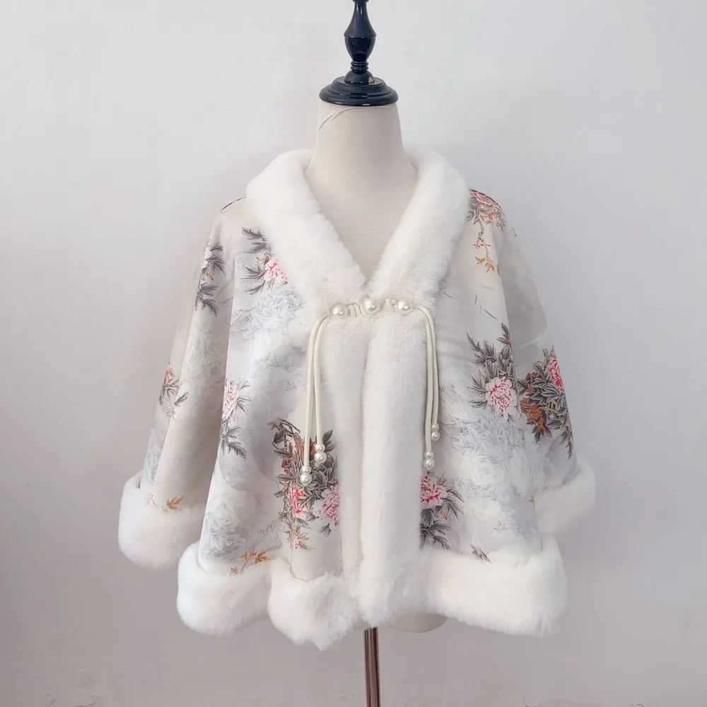 

Winter Warm Knitting Shawl Chinese Style Thick Faux Fur Collar Shawl Elegant Wraps Scarf for Evening Dresses Wedding Party