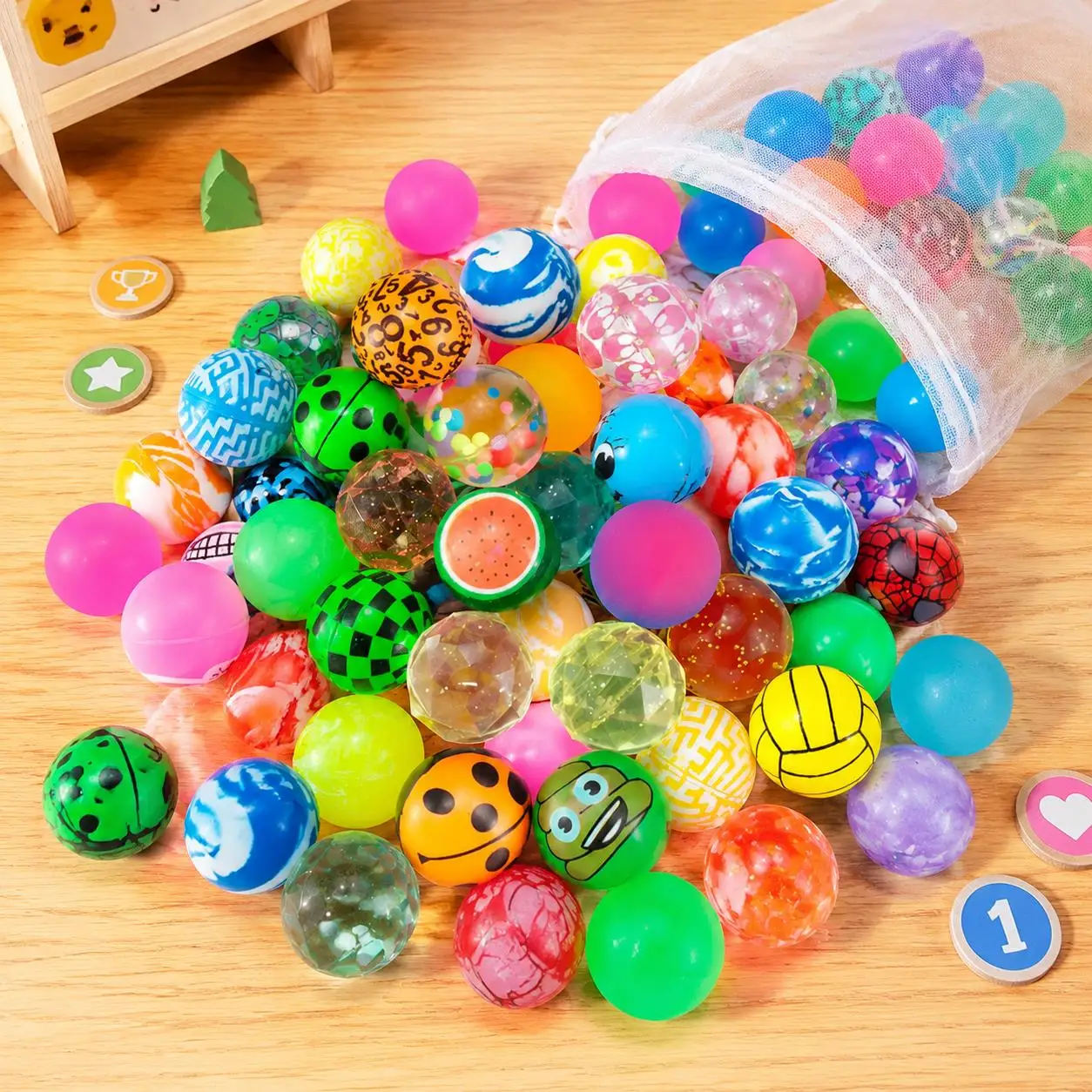 25mm Jump Balls Assortment Colorful Elastic Bouncing Spheres with Glitter Diamond & Rainbow Designs Outdoor Play Accessories TMZ