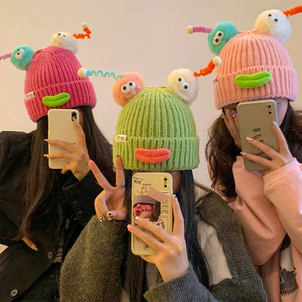 Funny Stupid Cute Beanie For Women Winter Kpop 3D Month Full Lips Warm Knitted Hat Fashion Student Skullies Cap Streetwear