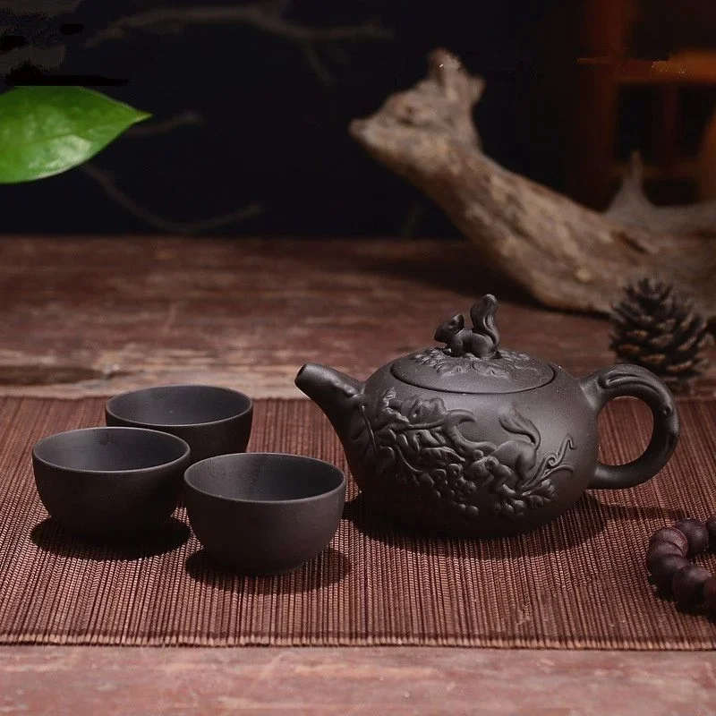 150ml Yixing Teapot Purple Clay Kung Fu Tea Set Handmade Dragon Elephant Squirrel Pot With 3pcs Cup