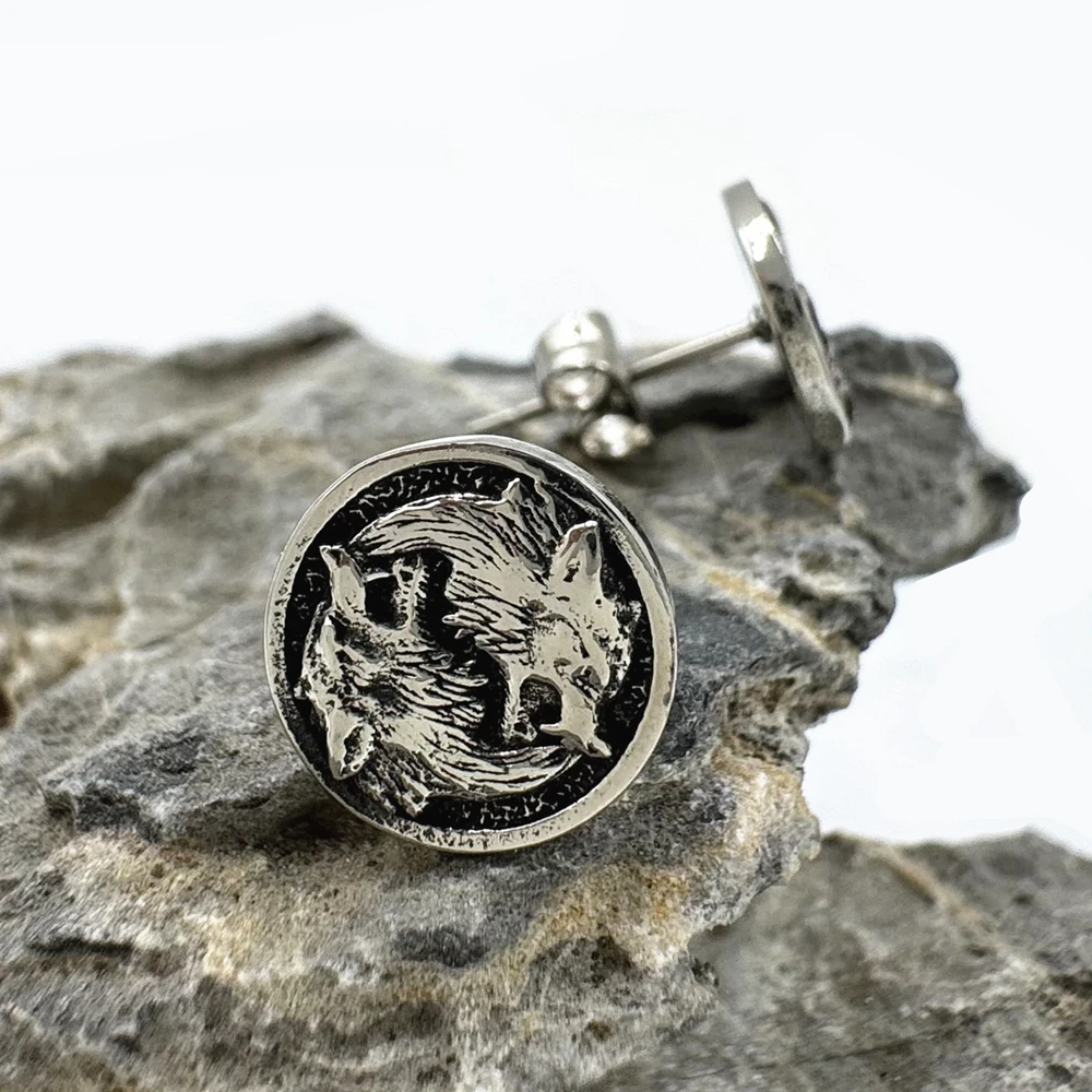 Vikings Style Wolf Studs 316L Stainless Steel Round Punk Men Boys Wolves Earrings