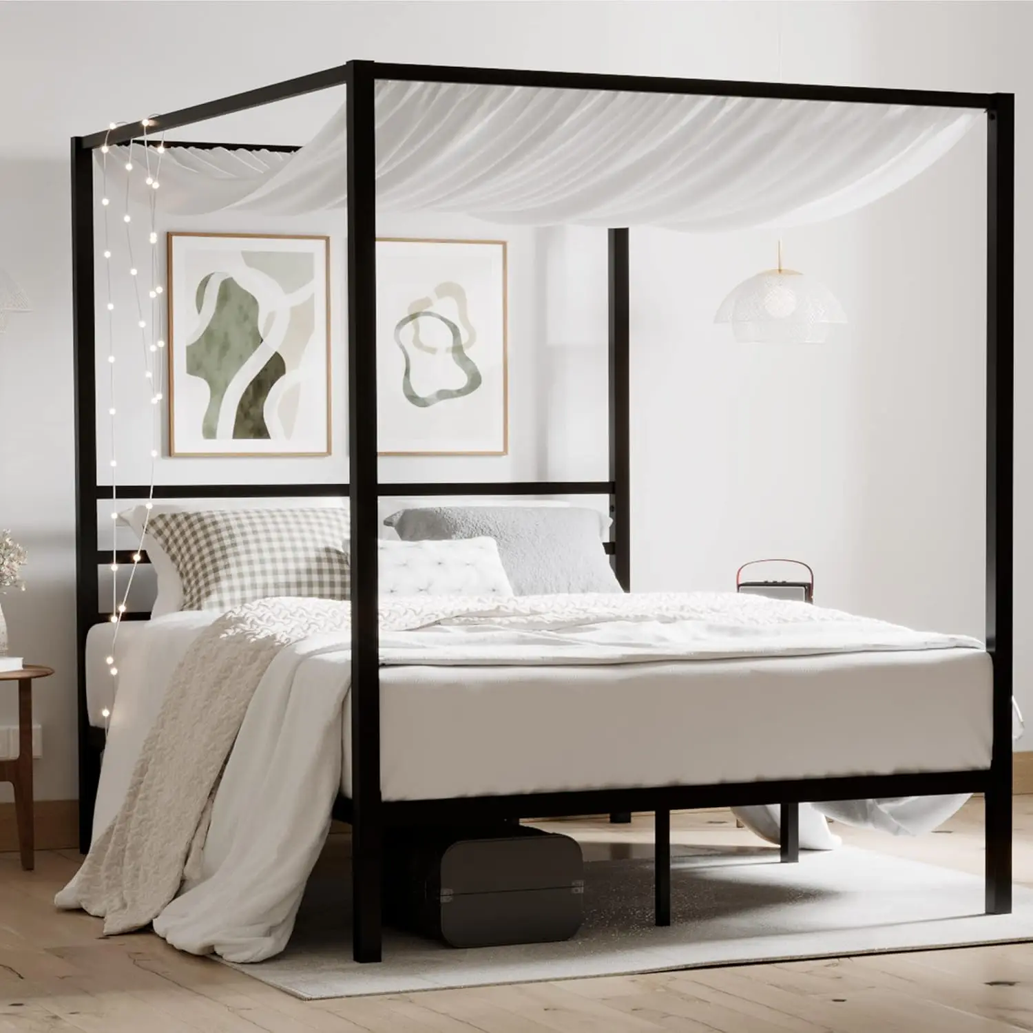 Queen Size Metal Canopy Bed Frame, Heavy-Duty Support, Black | Modern Four-Poster Platform Bed, Under-Bed Storage, EVA, Custom
