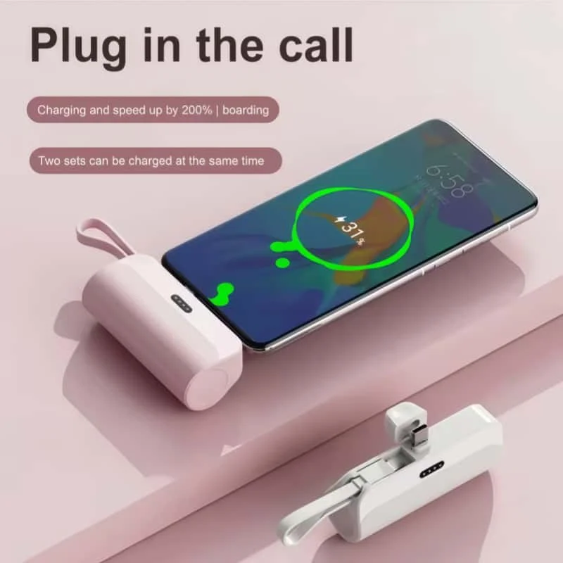 Batería Externa Mini de 5000mAh con Cordón, Cargador Rápido USB-C Tipo Cápsula para iPhone, Samsung, Xiaomi, Energía de Respaldo de Emergencia