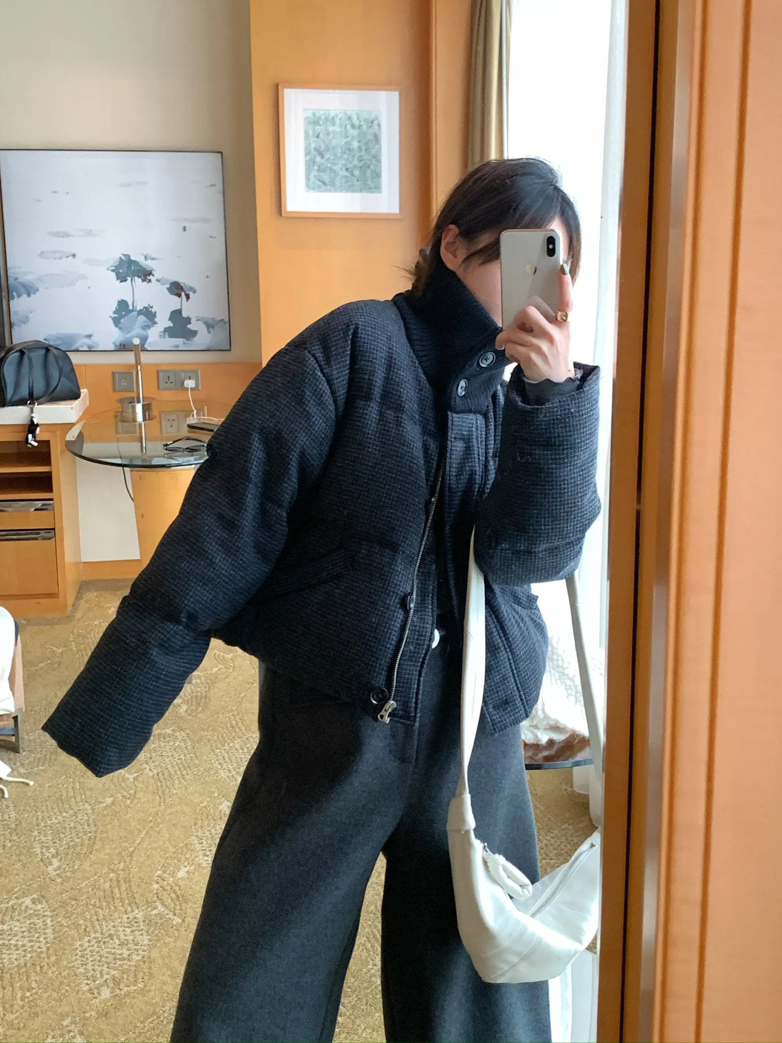 

Korean Sle Plaid Versatile Casual Knitted Stand Collar ort down Jaet Outerwear Ladies Commute Sle Single Button Polye...