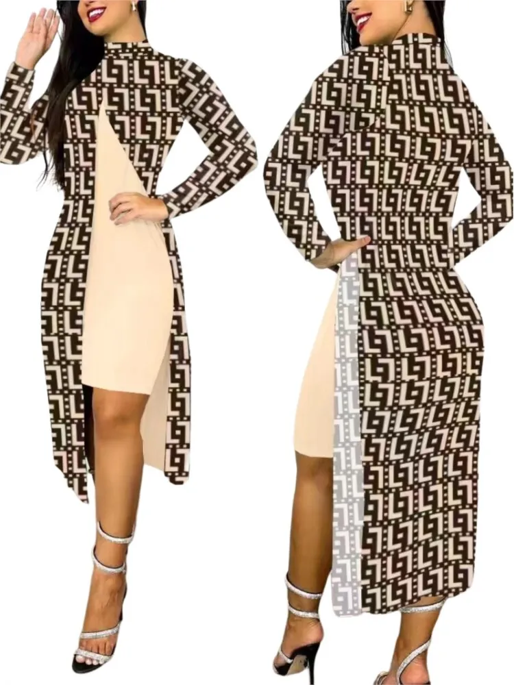

Women Print Split Dress long Sleeve turtleneck High Waist midi Skirt fashion Holiday Loose Casual Sexy office Women's Clothes