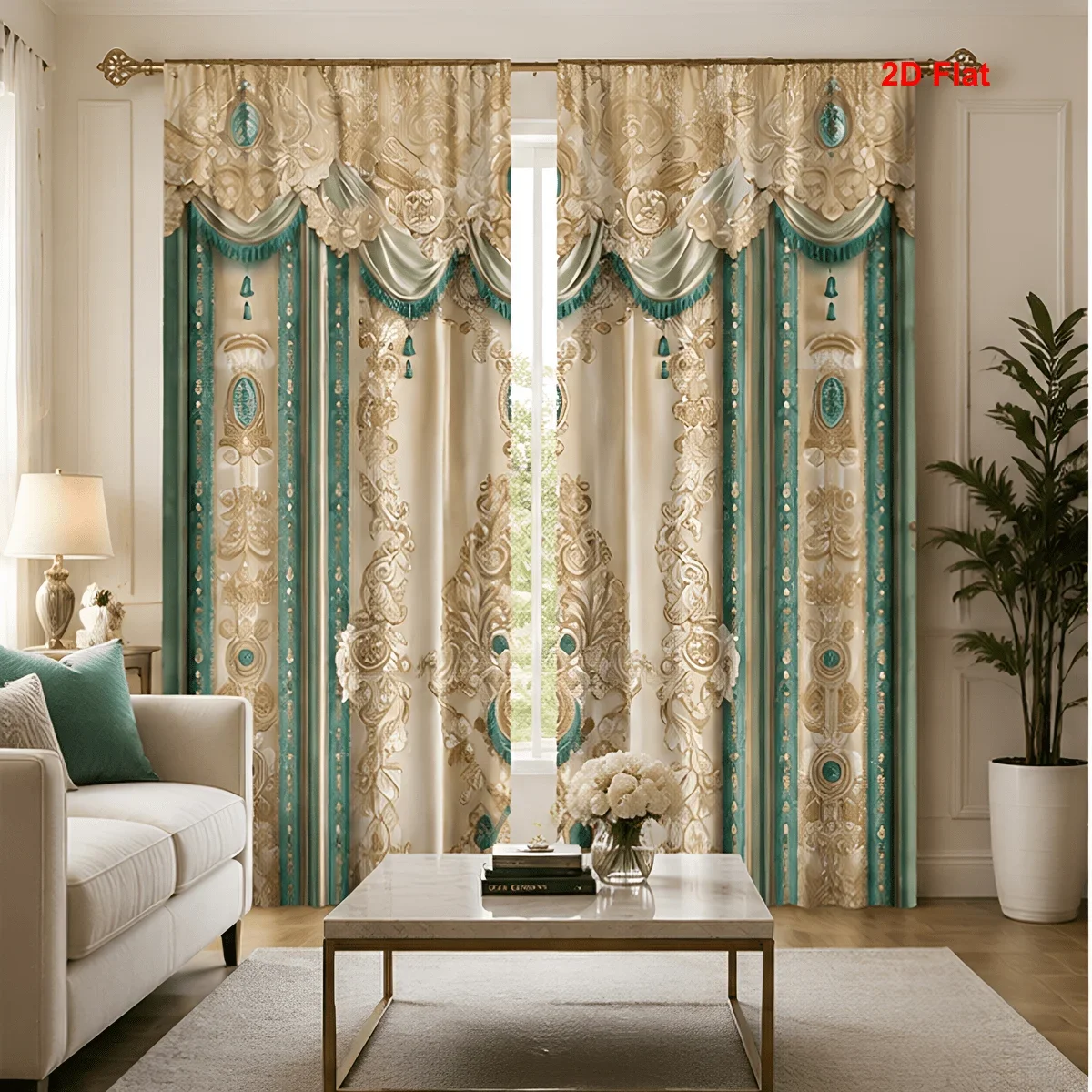 Elegant Beige and Teal Printed Curtains for Living Room Home Decor Semi-Sheer Window Drapes