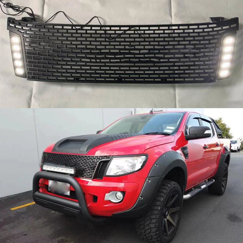 

RACING GRILLS FOR FORD WILDTRAK RANGER T6 2012 2013 2014 GRILL GRILLE GRID FRONT BUMPER MASK MESH COVER WITH LED DRL PICKUP