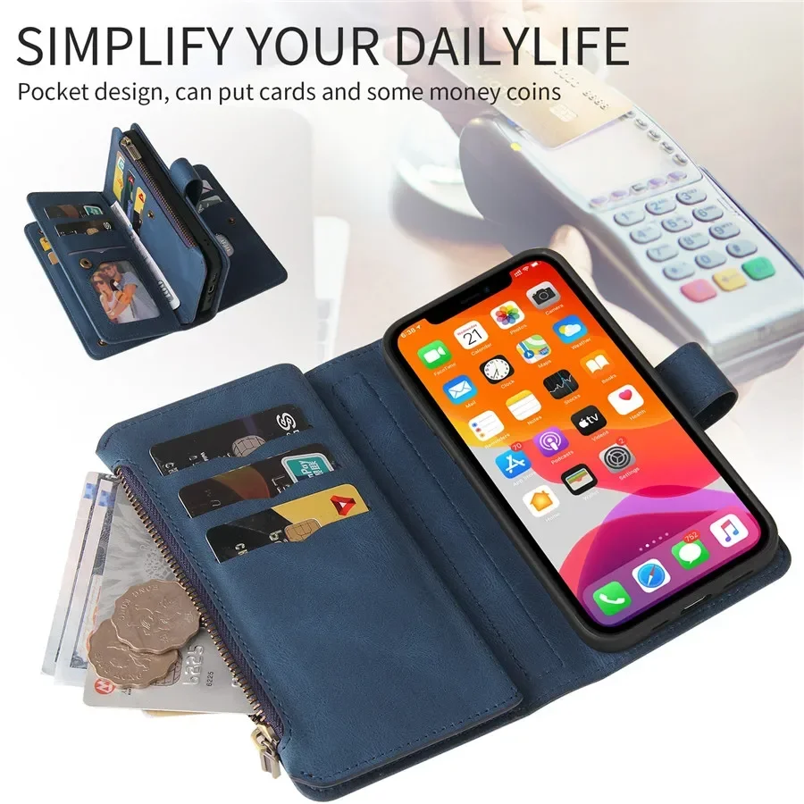 Reno7 Z 8Z 12 Pro 5G Multi 15-Card Zipper Leather Case For OPPO Reno 8 Pro Plus Wallet Funda Reno5 Z 8T 8 6 4 Lite 5F 12F Etui