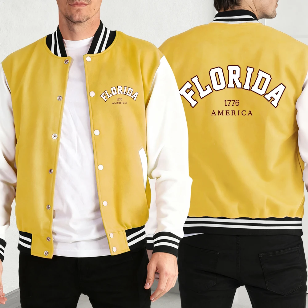 

Florida 1776 America Coat Men Fleece Baseball Jackets Autumn Loose Jacket Casual All-Match Streetwear Unisex Retro Clothing
