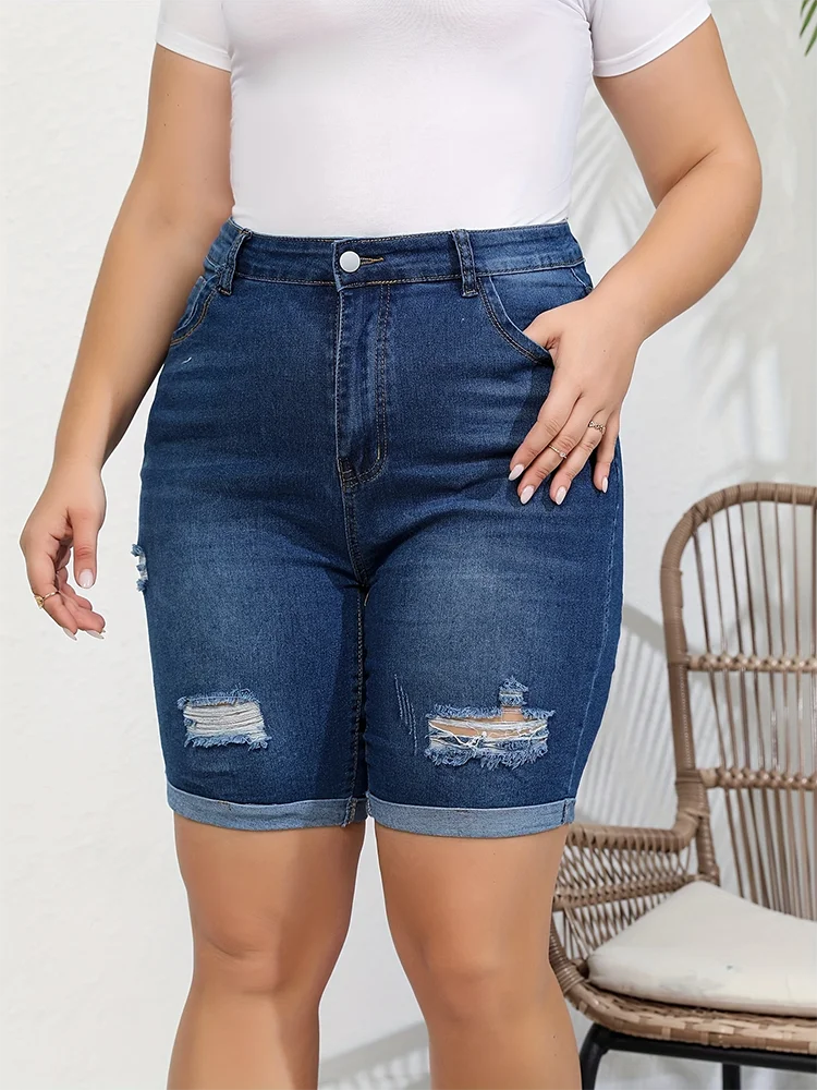 Klasyczne niebieskie zwinięte spodenki jeansowe Moda damska Uniwersalne gorące spodnie Plus Size Średnia talia Rozciągliwe dżinsy Solidne obcisłe