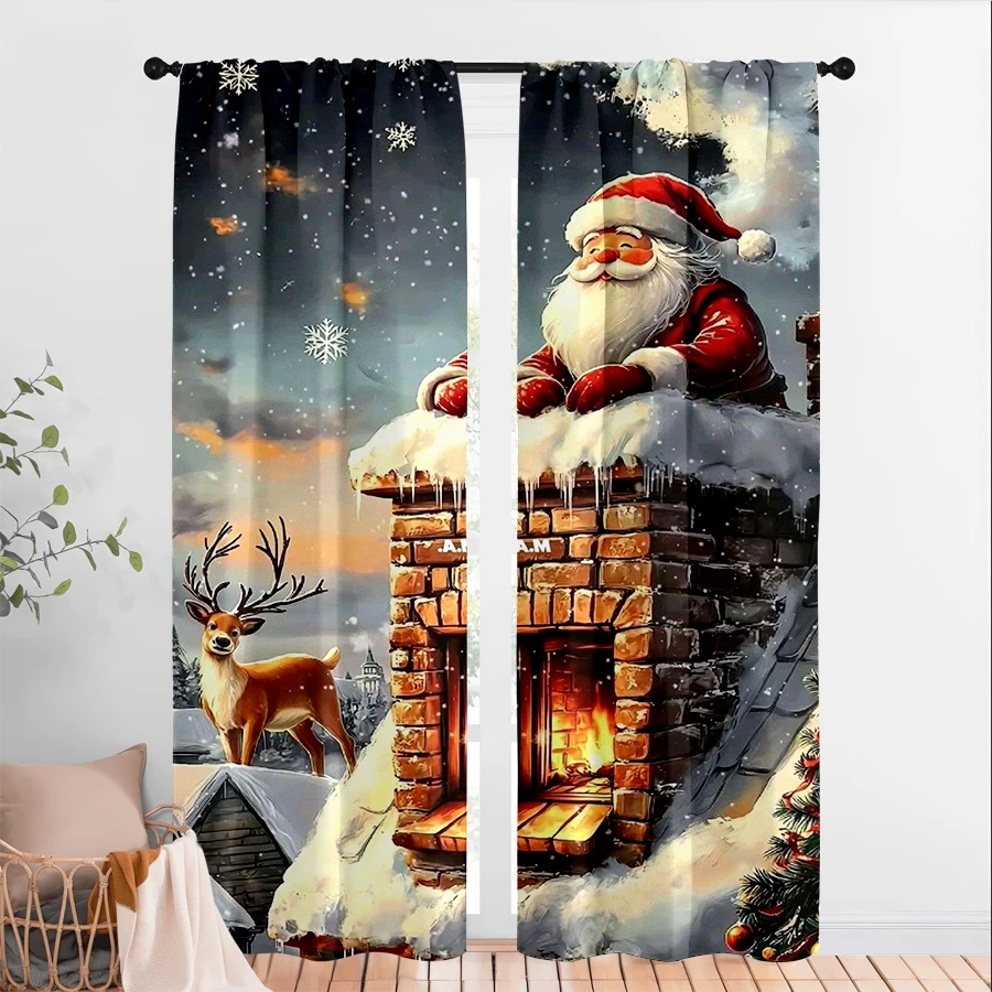2PCS Digital Print Christmas Curtains, Santa Chimney Reindeer Snowy Night, Fun Heartwarming Window Drapes for Holiday Home Decor