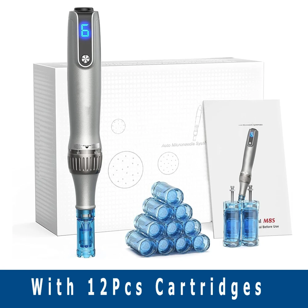 stylo-derma-pen-m8s-professionnel-pour-micro-aiguilletage-avec-12-cartouches-d'aiguilles-anti-reflux-micro-stylo-025-mm-pour-la-croissance-des-cheveux-et-les-soins-de-la-peau