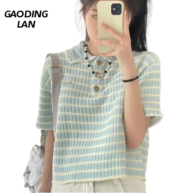 GAODINGLAN Polo Collar Short Sleeve Women T-shirts Summer Large Size Sweet Stripe Knitted Tops Y2k Short Sexy Crop Tees Ladies