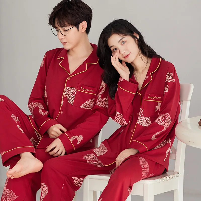 Cotton Red Color Sleepwear for Couples Sweet Cardigan Pajamas Set for Men and Women Matching Loungewear pyjama homme feminino