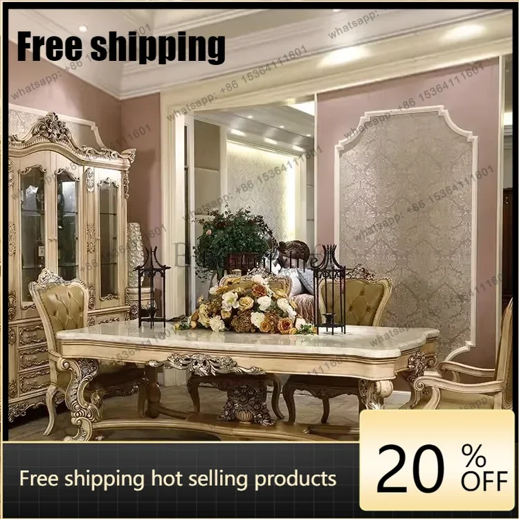 HJ American antique white old all solid wood dining table and chair combination European style silver tracing old