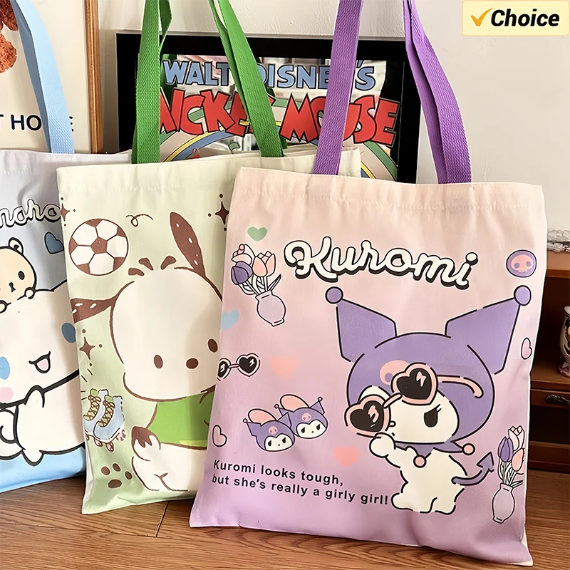 Kawaii Sanrio Canvas Bag Kuromi Hello kitty Cinnamoroll Women\'s Shoulder Bags Casual Large Capacity Shopping Bag