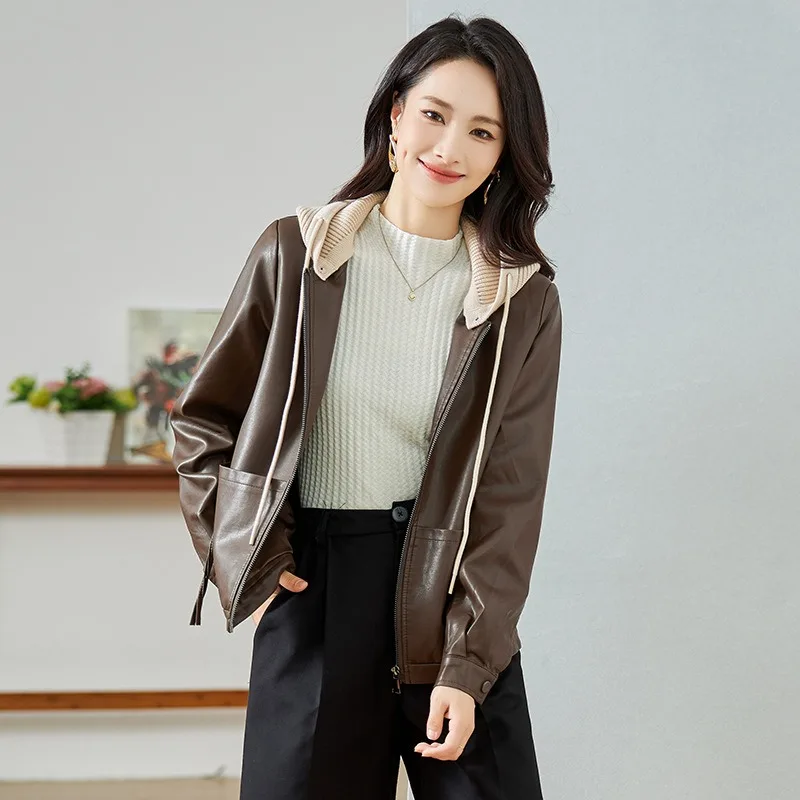 Hat Detachable Zipper Leather Women Basics Solid Jacket Fashion Loose Women Coat Loose Outware Long Sleeved Autumn Winter