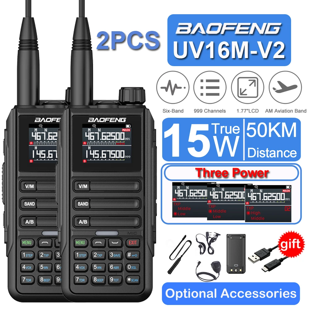 

2PCS Baofeng Long Range Waterproof UV16M Walkie Talkie 999CH AM FM 2-Way Radio Full Band LCD Screen Frequency Copy Noise Reduce