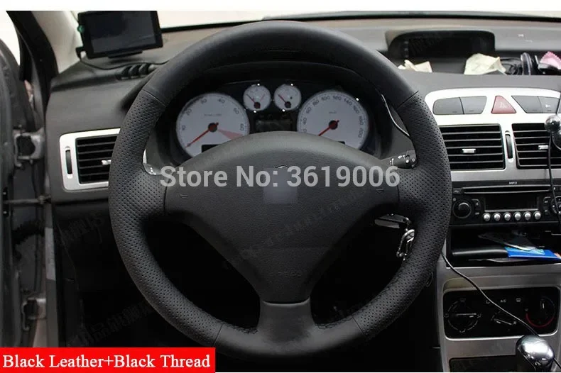 smRKE For Peugeot 307 Hand-stitched Anti-Slip Black Leather Black Thread DIY Steering Wheel Cover