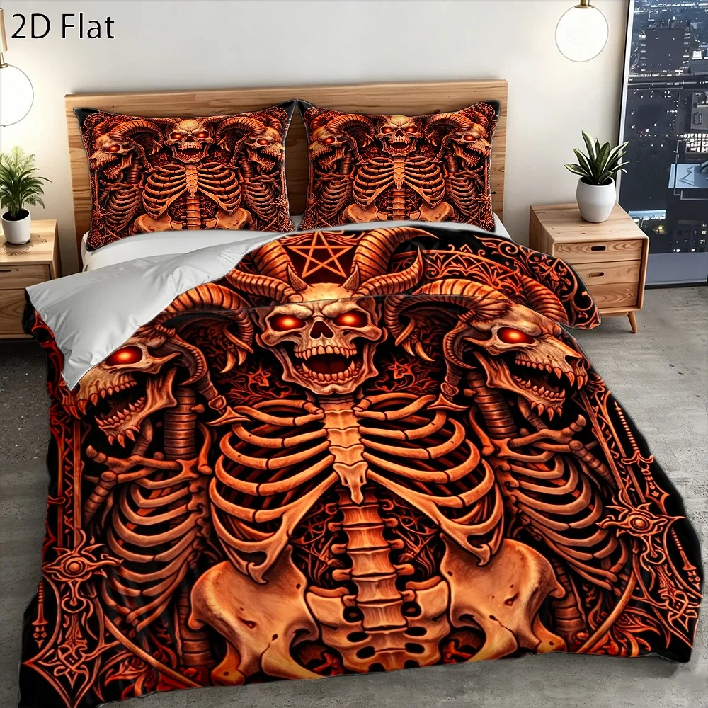 3Pc Dark Gothic Skull Demon Style Duvet Cover Set, Bedding Three-Piece Set (1*Duvet Cover + 2*Pillowcases), Suitable for All Seasons, Machine Washable, Invisible Zipper Design, Large Double Bed Cover Set, Suitable for Home, Dorm, Master Bedroom, Guest Room, Gothic Retro Pattern Bedding, Trendy and Unique Bedding Set, European and American Punk Style Skull Print Duvet Cover, Durable and Easy to Clean Bedding Three-Piece Set, Hot-Selling Dark Style Bedding Set