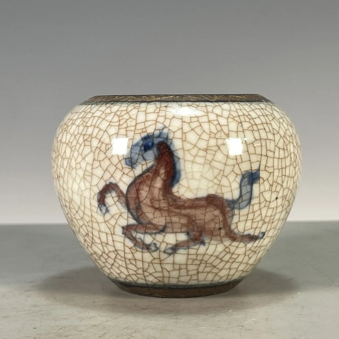 Ge Crackle Glaze Literary Water Coupe with Rust Rim, Blue & Underglaze Red Galloping Horse Motifs